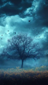 Solitary leafless tree stands under dense blue storm clouds