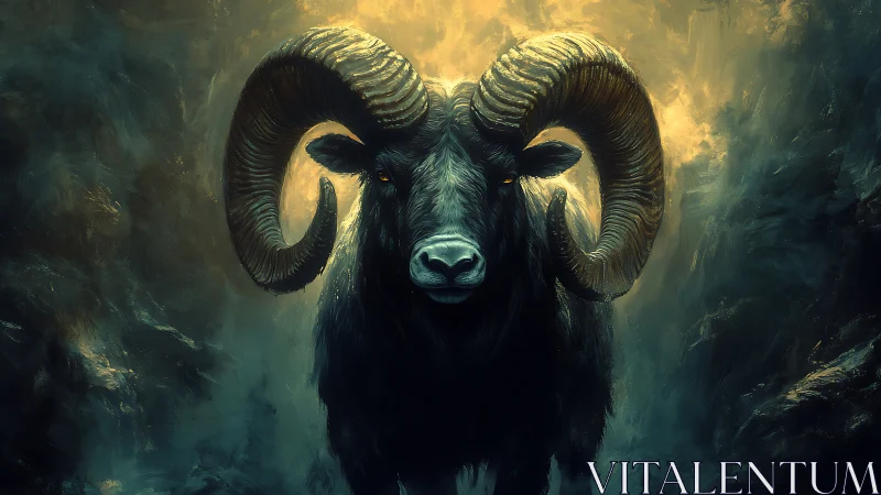 Mythic ram portrait under dramatic backlit storm glow