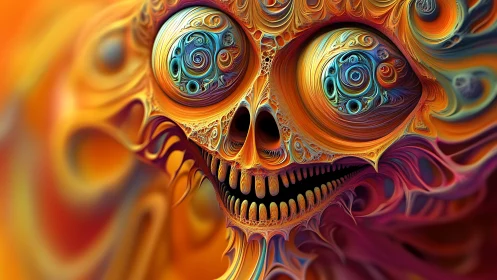 Fractal skull face with swirling multicolor eye structures.