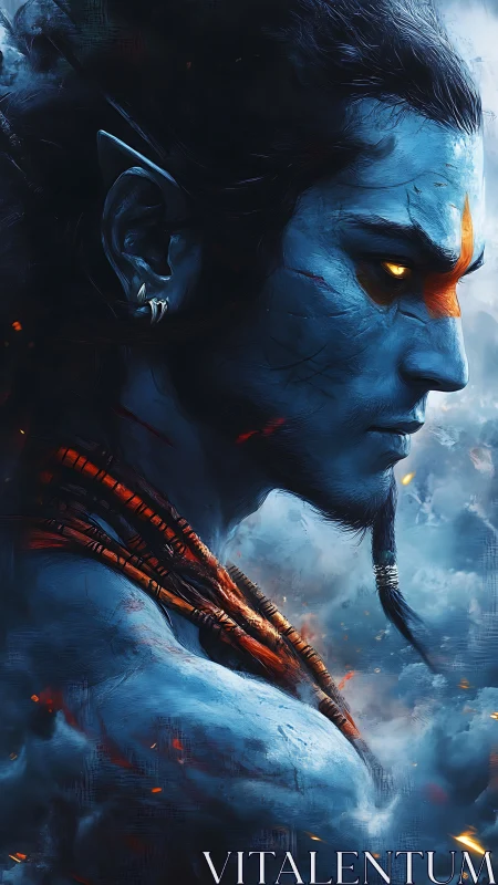 Stormlit blue warrior in profile with burning ember gaze.