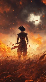 Silhouetted warrior stands in burning field under storm