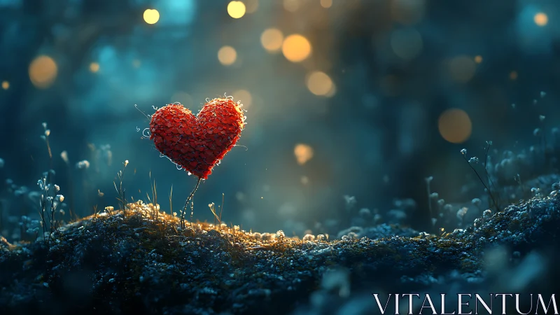 Red heart shape on rocky ground with bokeh lights.