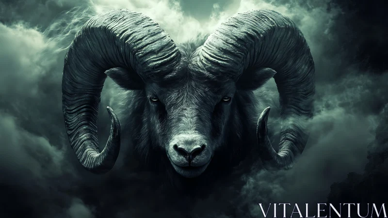 Stormlit ram rises through swirling clouds with calm power