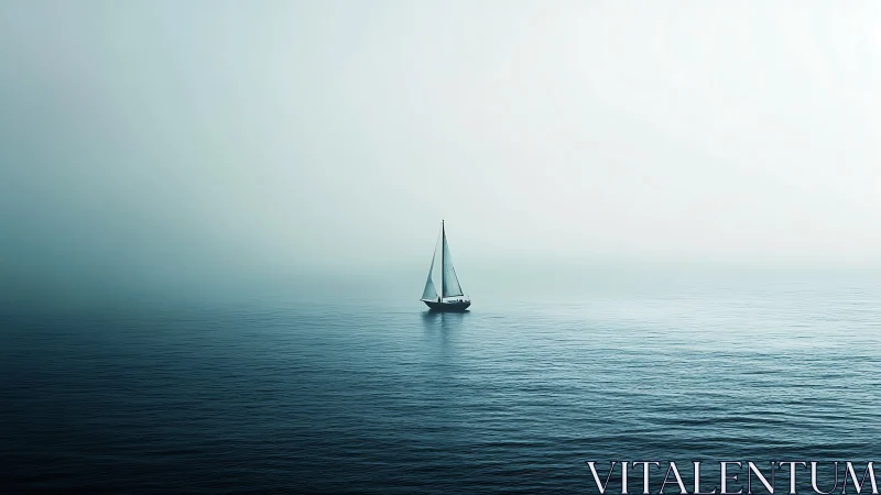 Solitary sailboat drifting through whispering blue hush.