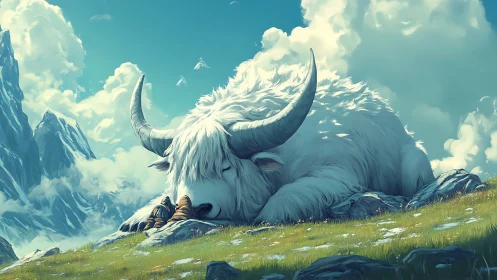 Gigantic alpine horned beast in serene highland dormancy.