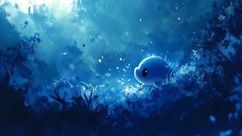 Blue creature sits in glowing foliage under diffuse light