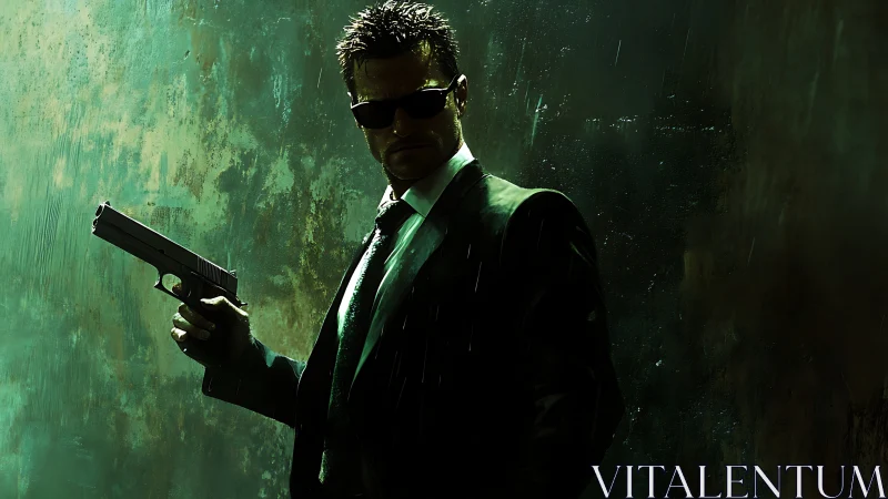Hitman in rain-soaked alley with gun and dark suit.