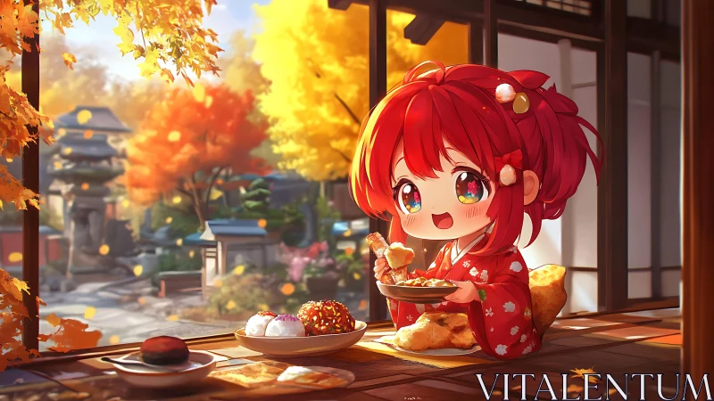 Autumn shrine veranda with chibi girl in red kimono eating rice.