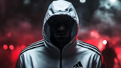 Hooded runner stands in glowing red urban night fog