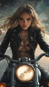 Fierce biker woman riding motorcycle through city rain.