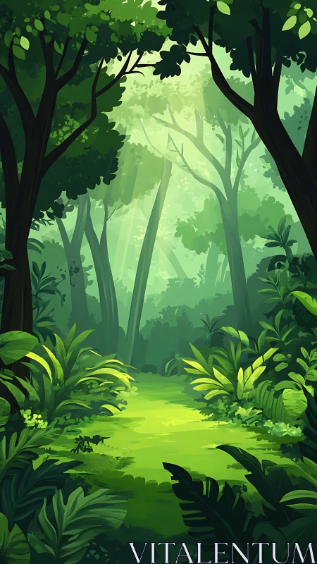 Forest landscape with canopy opening, vegetation layers, and mist.