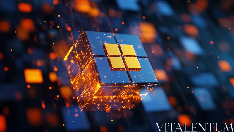 Central reflective cube structure displays four highlighted tiles