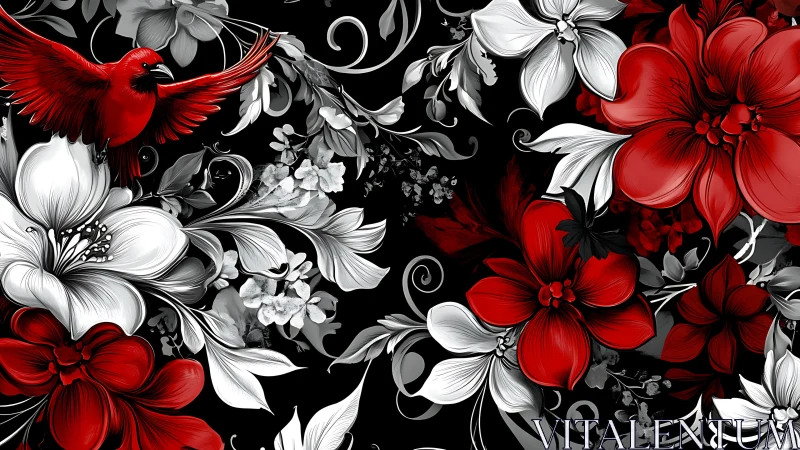 Scarlet Dreams: Red Bird Among Grayscale Blooms.