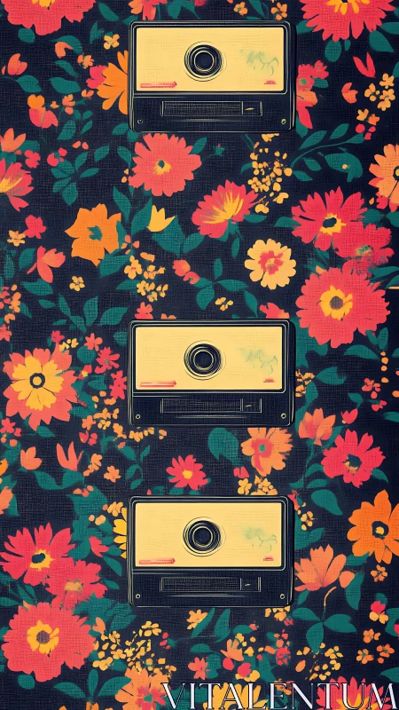 Three retro cassette tapes aligned on floral pattern background