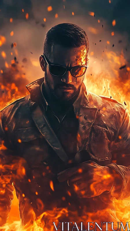 Male figure wearing sunglasses rendered with surrounding fire effect