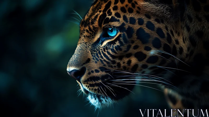 Luminous-eyed leopard profile rendered with striking teal iris intensity.