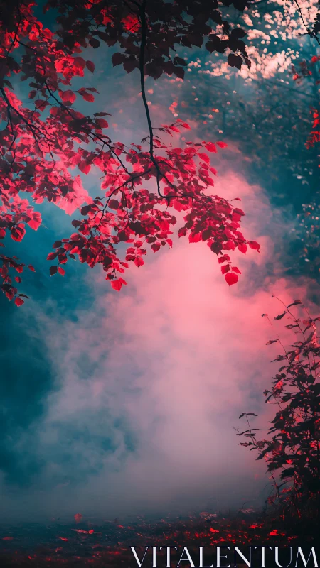 Red foliage over misty forest clearing under colored haze.