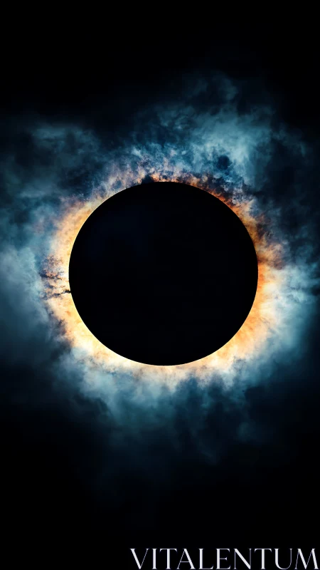 Central dark disk with luminous corona in clouded sky.