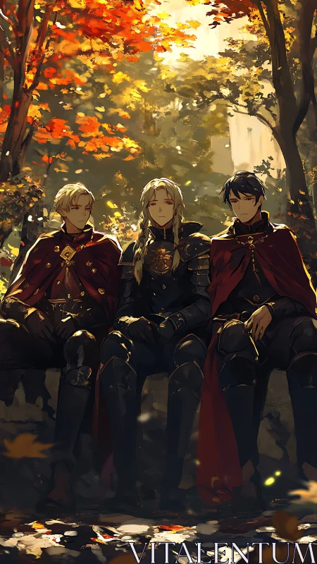 Three armored warriors resting under bright autumn trees.