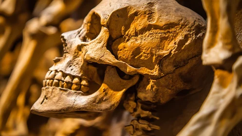 Side profile of human skull in warm directional light.