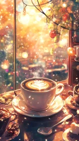 Latte art glows under golden bokeh in cozy cafe window