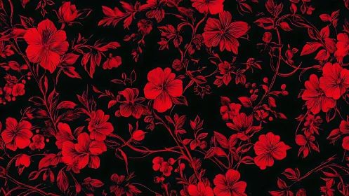 Red Botanical Florals Against Deep Black Background. Intricate Linework.