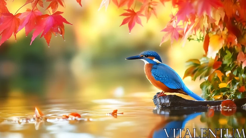 Vibrant kingfisher by autumn river in dreamy, colorful style.