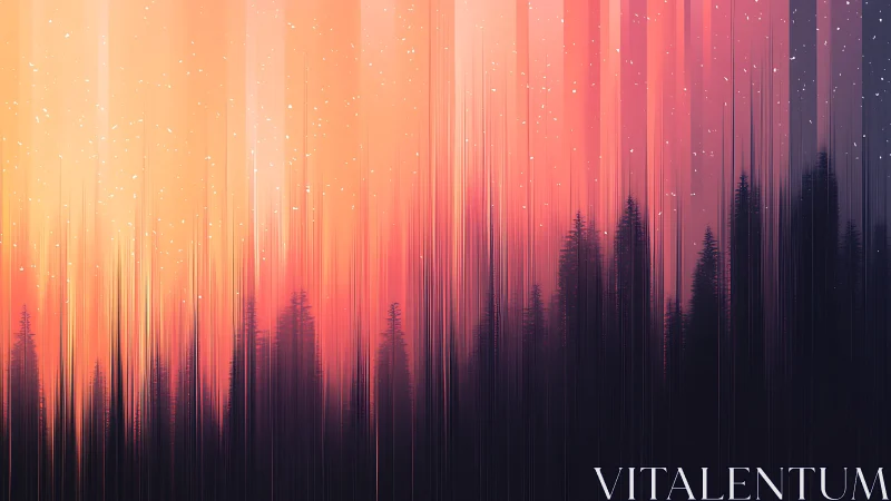 Vertical gradient forest at dusk in abstract digital painting.