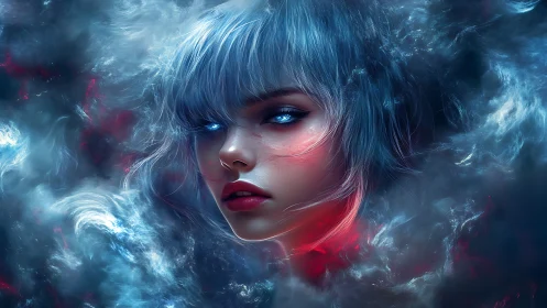 Cybernetic muse emerges through neon storm clouds.