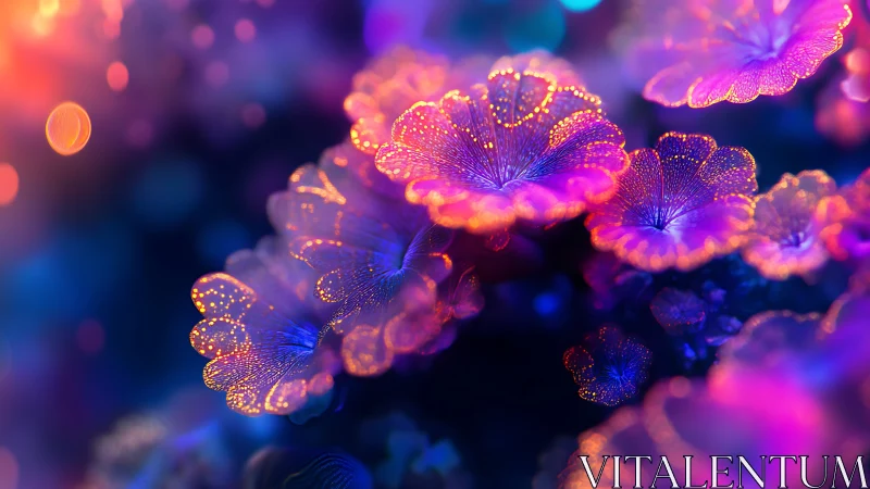 Bioluminescent petals glow with neon bokeh accents.