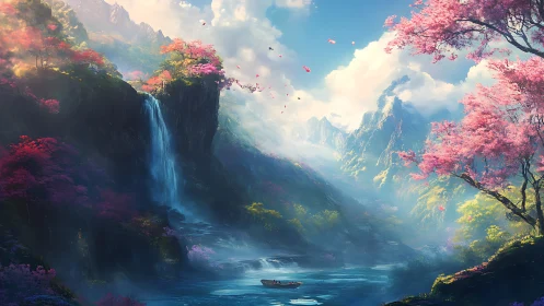 Dreamy river valley beneath cherry blossom skies at dawn.