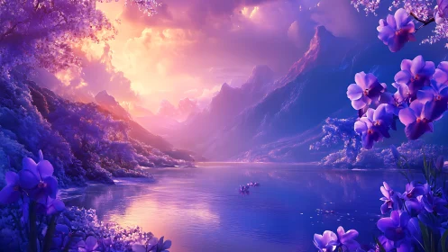 Violet alpine lake under radiant sunset with ethereal orchids