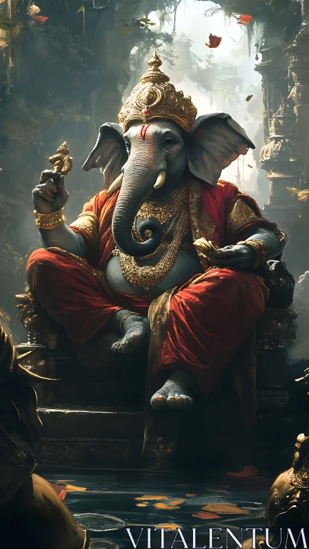 Highly detailed Ganesha deity portrait with ornate regalia in atmospheric temple
