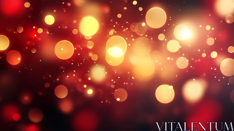 Golden bokeh light orbs glow over deep red abstract background