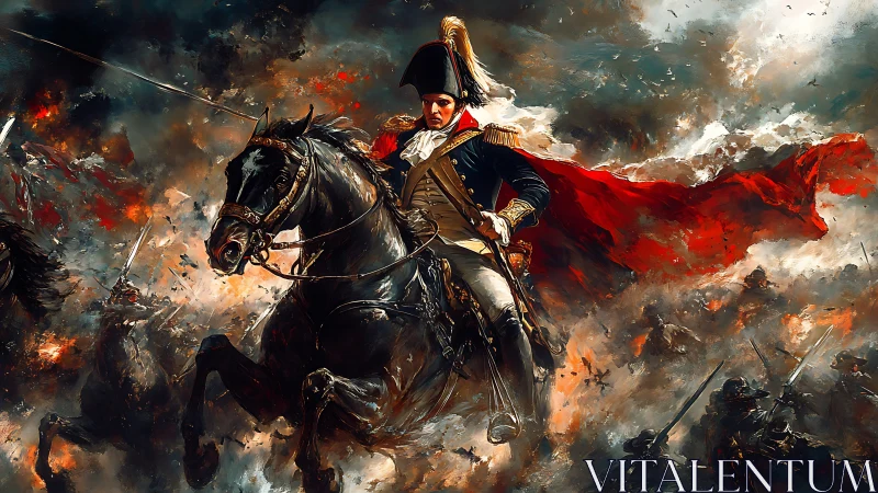 Commander on rearing warhorse charges through blazing battlefield.