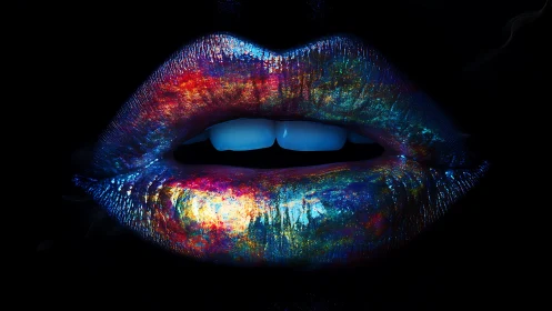 Spectral macro closeup of iridescent lips in high contrast lighting.