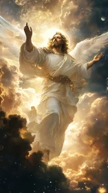 Radiant winged guardian strides upward through molten clouds