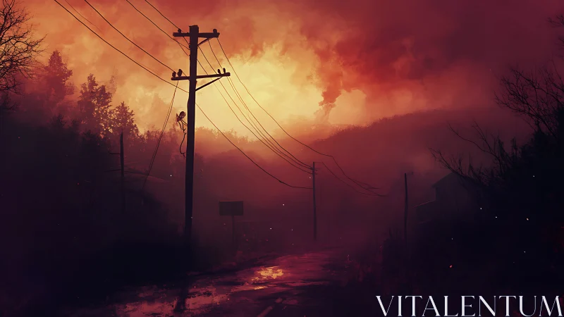 Apocalyptic Infrastructure: Utility Poles Against Burning Landscape
