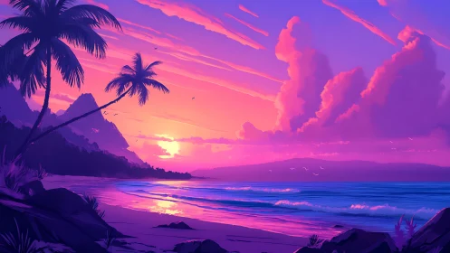Coastal shoreline with palm trees at colorful sunset.
