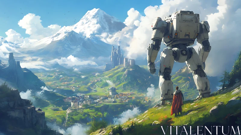 Giant combat mech and lone figure overlook green valley.
