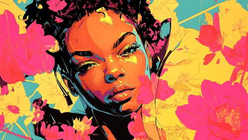 High-contrast vector portrait integrates neon florals and bold contour mapping