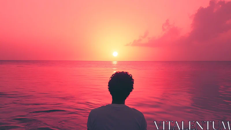 Backlit silhouette observing vivid magenta ocean sunset horizon