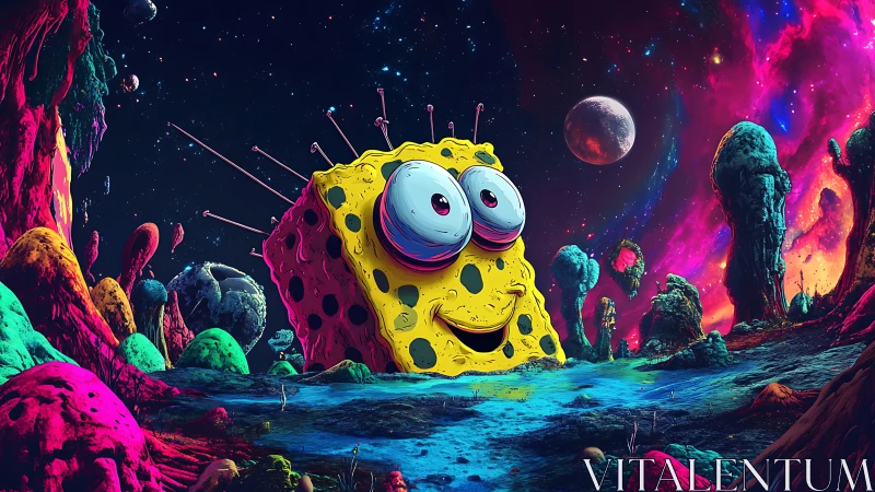 Cosmic sponge creature smiles across neon alien landscape.
