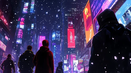 Hooded figures in neon city street under falling snow.