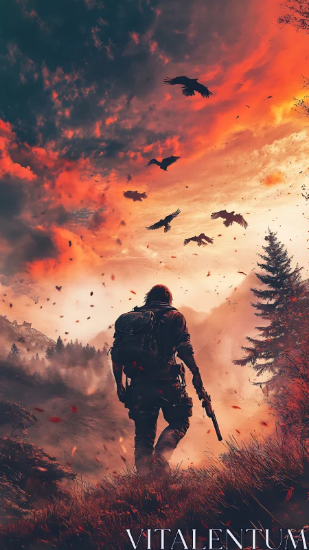 Solitary armed figure crossing rugged valley at sunset sky.