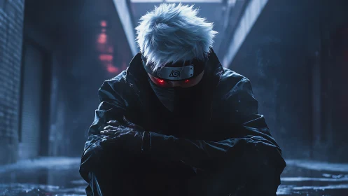 Masked white-haired figure in wet urban alley at night.