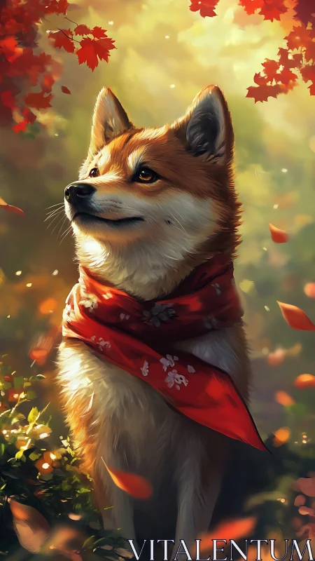 Foxlike autumn dog wrapped in a crimson story scarf.