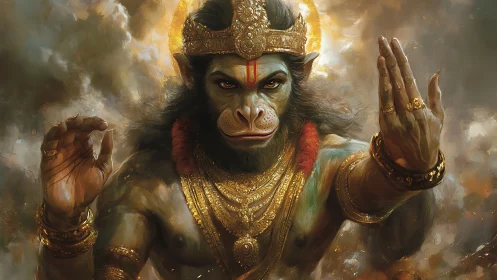 Warrior monkey deity extends blessing gesture in smoke