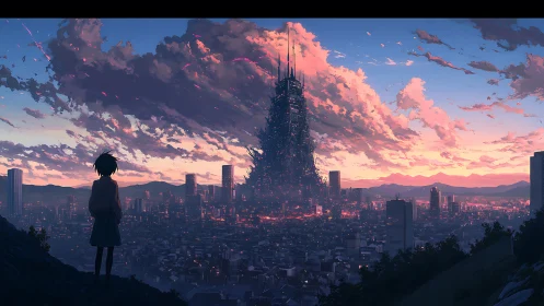 Silhouetted child overlooks futuristic city at sunset