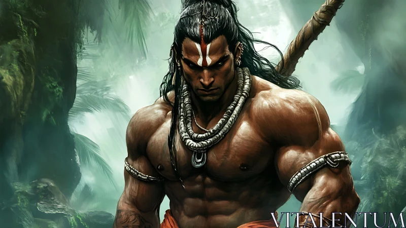 Muscular warrior with tribal markings stands in humid jungle light
